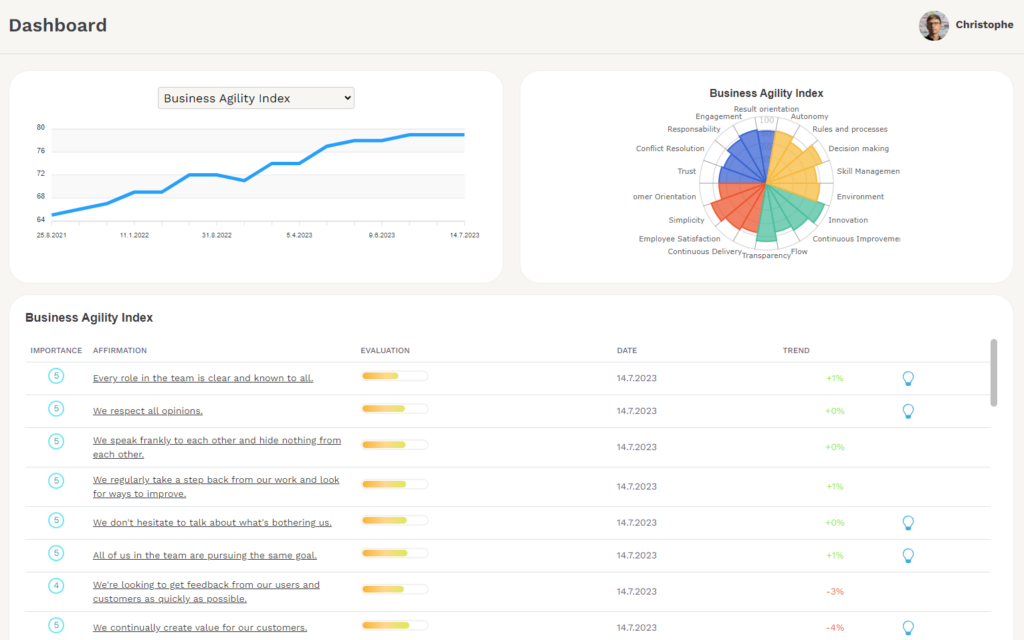 The company dashboard in teammeter showing the business agility index as agile transformation KPI