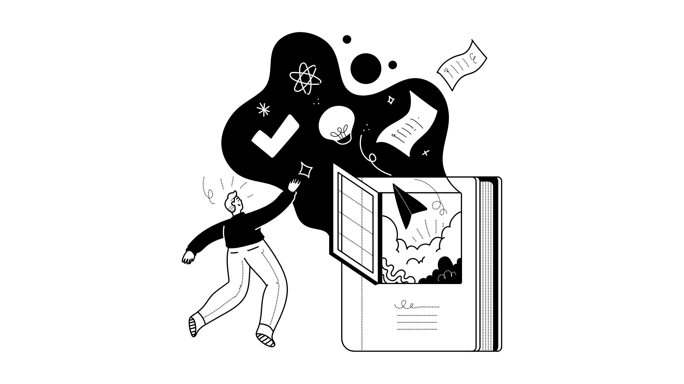 Illustration einer Person, die mit Lernsymbolen und Ideen interagiert, die aus einem aufgeschlagenen Buch hervorgehen und die Auswirkungen von Entwicklungsgesprächen auf persönliches Wachstum und Wissensaustausch symbolisieren.