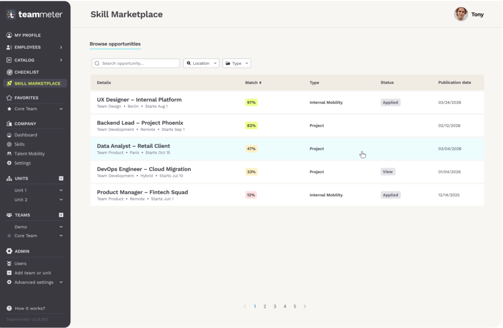 Der Talent-Marktplatz in Teammeter mit Opportunity-Matching