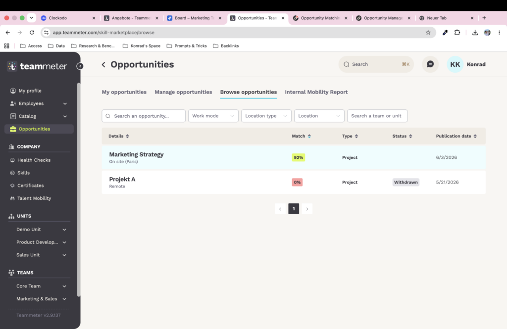 Employee browse view with two Opportunities, one at 92% match and one at 0%