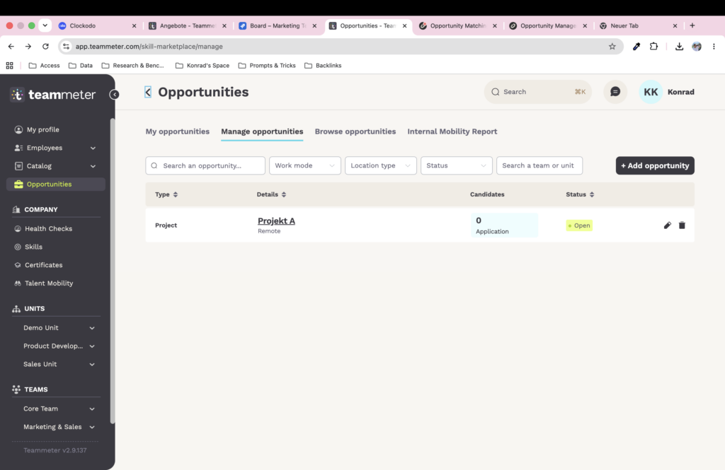 Onglet « Gérer les opportunités » affichant une opportunité de projet en cours, avec des filtres en haut de la page