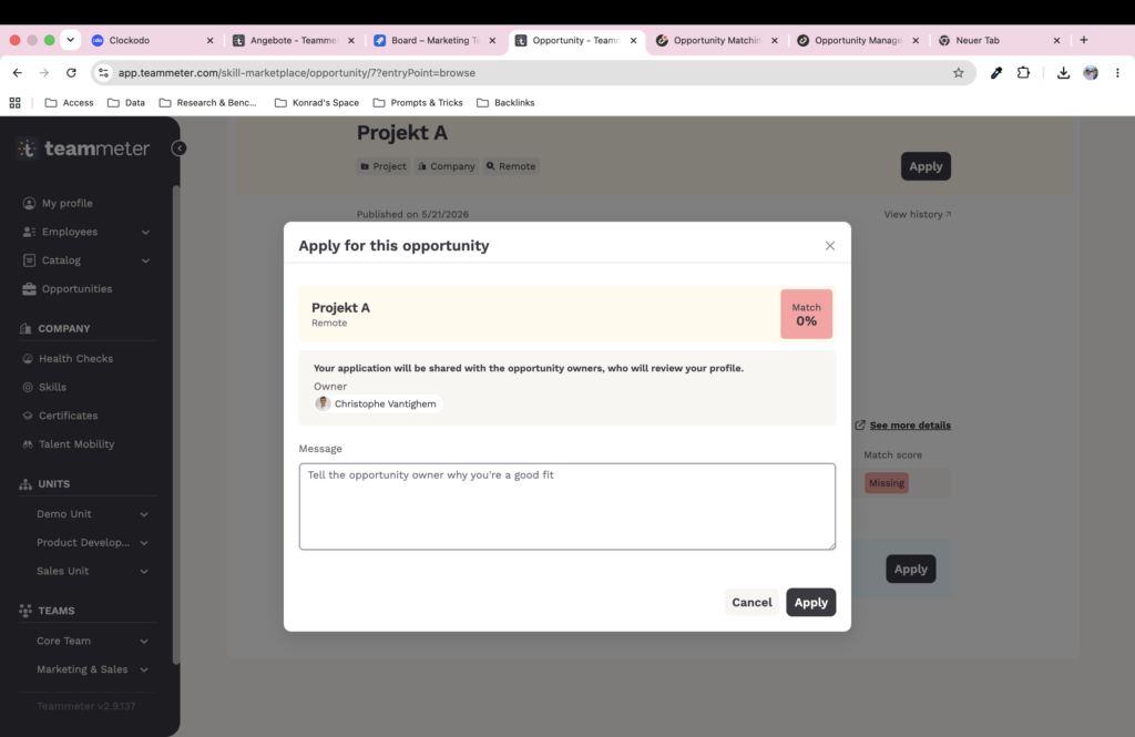 Apply modal showing 0% match and a free text field to tell the Owner why you're a good fit