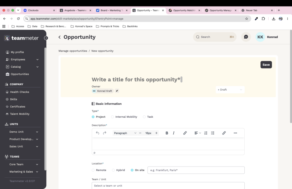 Formulaire de création d'opportunité vierge comprenant des champs pour le titre, le type, la description, le lieu et l'équipe