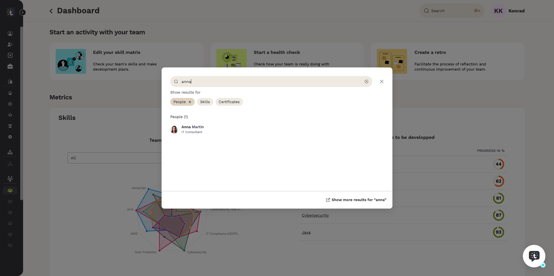 Search window limited to People, returning one person with name and role