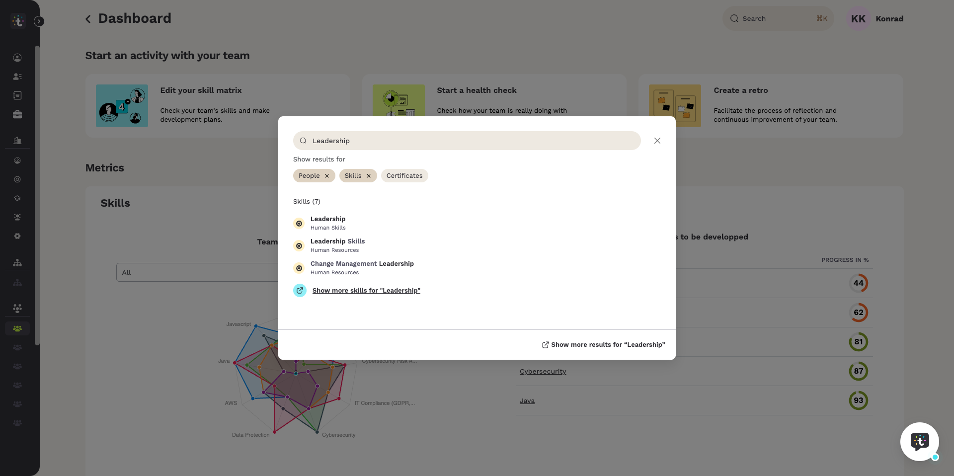Search window with certificates taken out of the search, so only a group of skills is returned