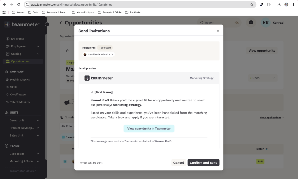 Preview of the invitation email before it is sent to selected people