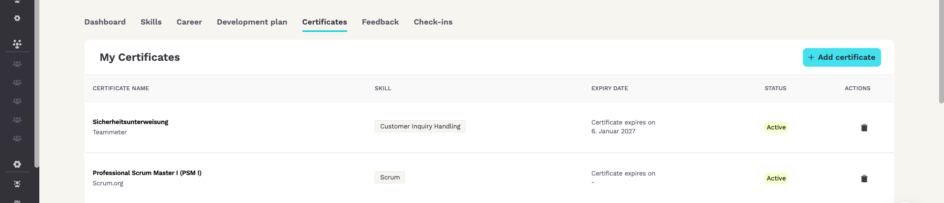 Certificates tab with the list of certificates, their skill, expiry date and status