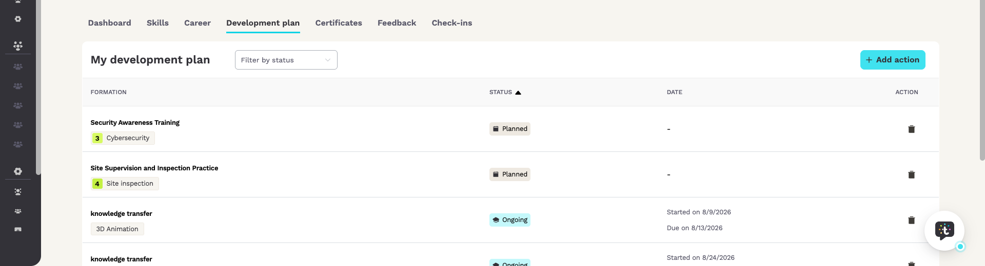 Development plan tab with planned and ongoing actions, their status and dates