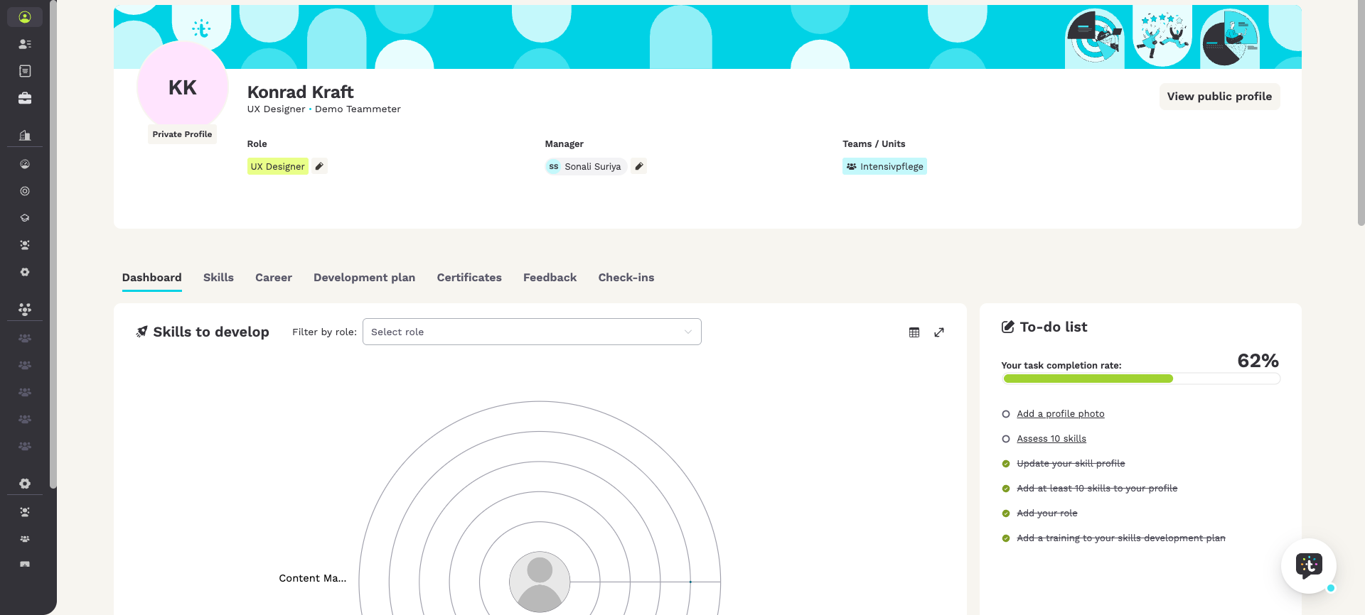 Header of the skill profile with role, manager, teams and the row of tabs