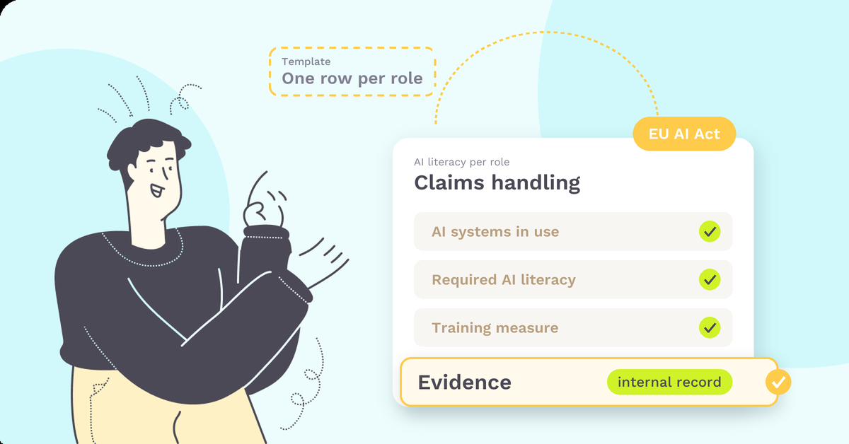 Template row for the role claims handling: AI systems in use, required AI literacy, training measure and evidence as an internal record