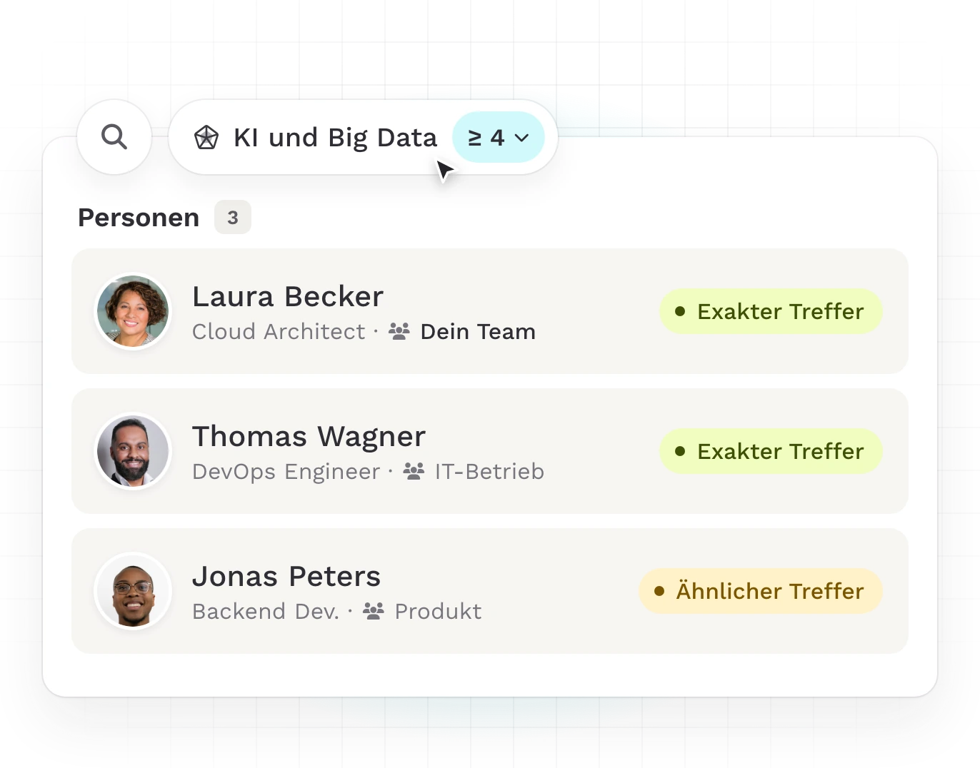 Teammeter Personensuche: exakte und ähnliche Treffer aus drei Teams
