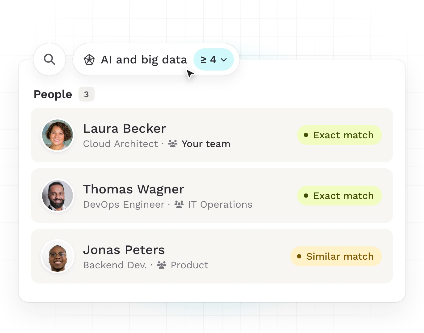 Teammeter people search: exact and similar matches from three teams