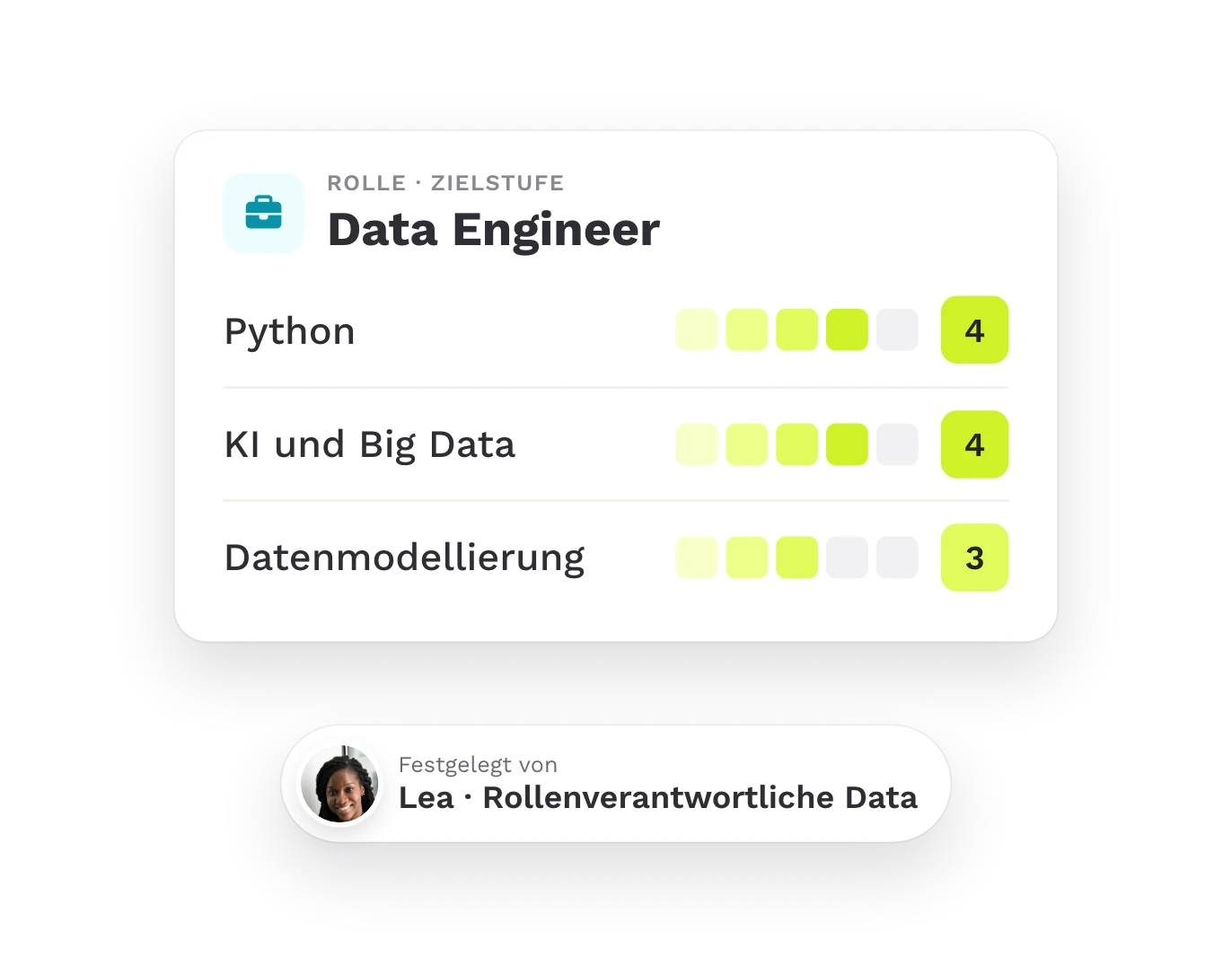 Anforderungen der Rolle Data Engineer mit Zielstufen, freigegeben von der Rollenverantwortlichen